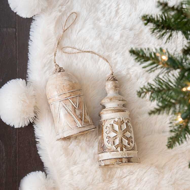 CARVED WOODEN BELL ORNAMENTS