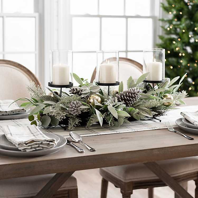Eucalyptus, Pine Cones, and Ornaments Centerpiece