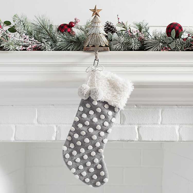 Gray Pom Pom and Polka Dot Christmas Stocking