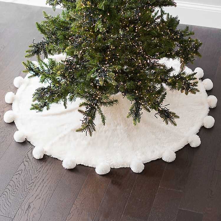 Faux Fur Christmas Tree Skirt With Pom Poms